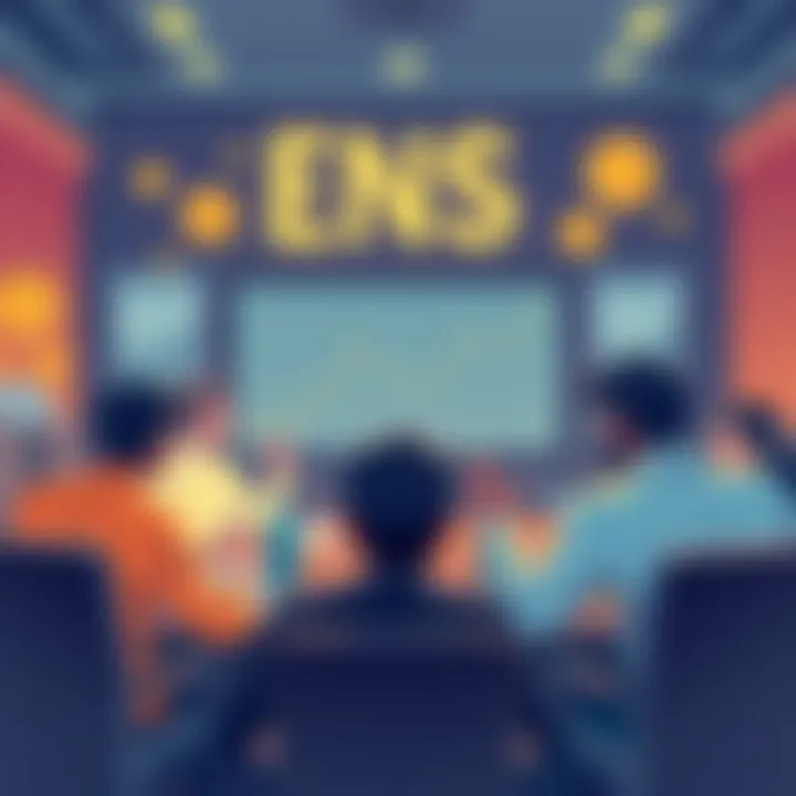 Illustration showing a group of people discussing governance issues in a boardroom setting, with charts and tokens in the background.