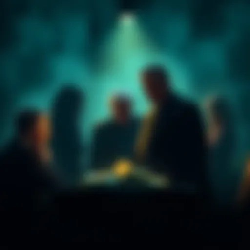 A scene depicting a shadowy group discussing finances, symbolizing hidden support behind Epstein's lifestyle.