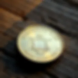 A close-up of a shiny error coin placed on a rustic wooden table, reflecting light and showing its unique features, such as misprints or unusual markings.