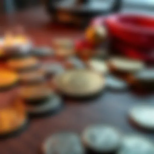A close-up of a coin showing the Errors coin design placed on a wooden table, surrounded by common toonies for comparison.