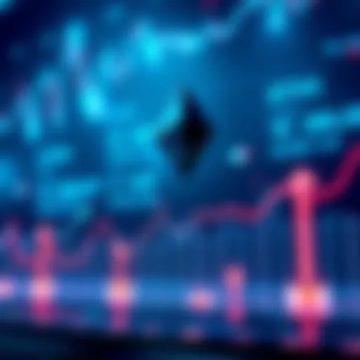 Graph showing rising trend of Ether price with upward arrows and numbers indicating growth.