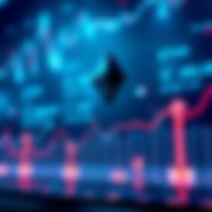 Graph showing rising trend of Ether price with upward arrows and numbers indicating growth.