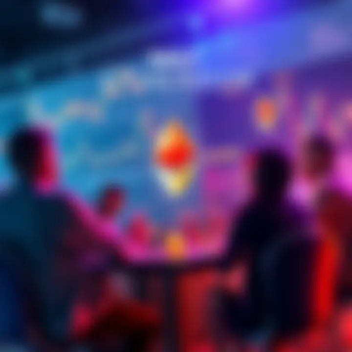 People engaging in a discussion about Ethereum, sharing news and prices, with charts and graphics in the background