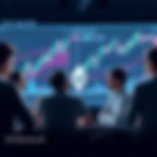 A group of people engaging in a discussion about Ethereum, with charts and graphs representing market trends in the background.
