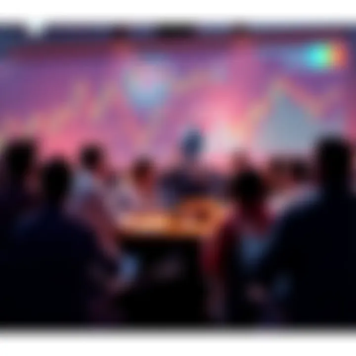 People engaging in a lively discussion about Ethereum with charts and graphs in the background.
