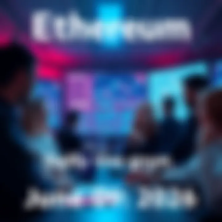 A group of people engaging in conversation about Ethereum with charts and graphs on screens in the background.