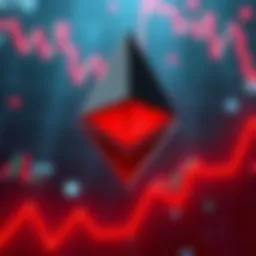 An Ethereum logo with a red downward trend line behind it, symbolizing the recent decline in performance. A background with abstract financial graphics suggests market analysis.