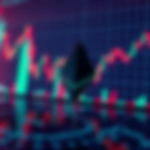 Ethereum symbol in front of fluctuating market graphs representing investment trends