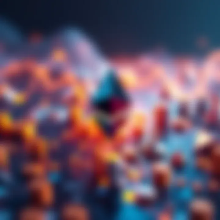 A visual representation of the Ethereum blockchain symbol with financial icons around it, showing its impact on global finance.