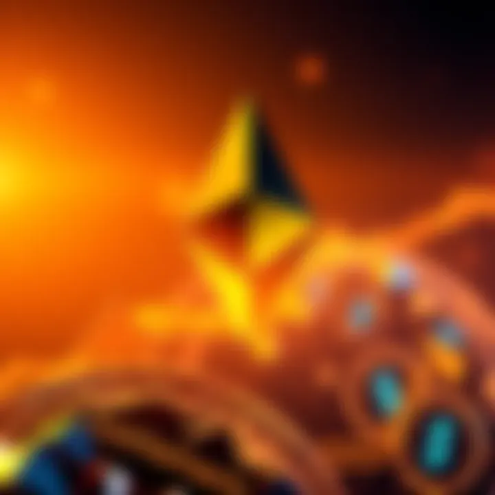 A prominent Ethereum logo with an upward pointing arrow, symbolizing a potential buying opportunity for investors.