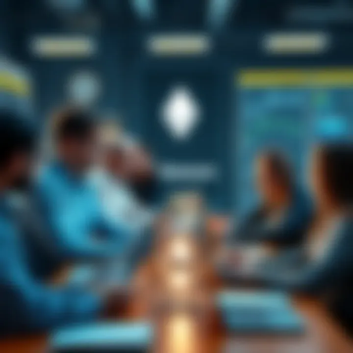 A diverse group of people discussing Ethereum topics with charts and laptops around them.