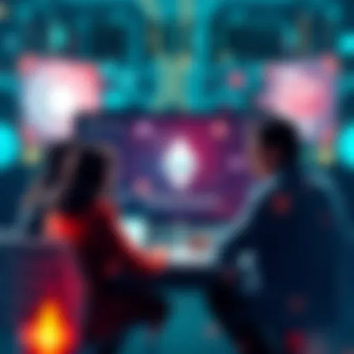 People engaging in an online discussion about Ethereum news and prices, with a digital background representing blockchain technology.