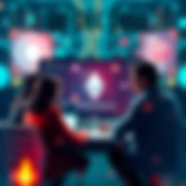 People engaging in an online discussion about Ethereum news and prices, with a digital background representing blockchain technology.