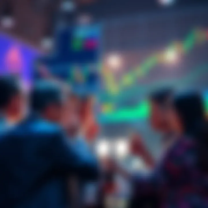 Ethereum Discussion Thread A group of people engaged in a discussion about Ethereum, sharing news and insights, with charts showing price trends in the background.