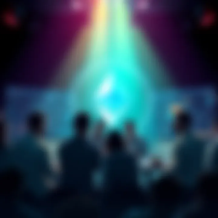 A group of people engaging in a discussion about Ethereum, sharing news and opinions, with a digital Ethereum logo in the background.