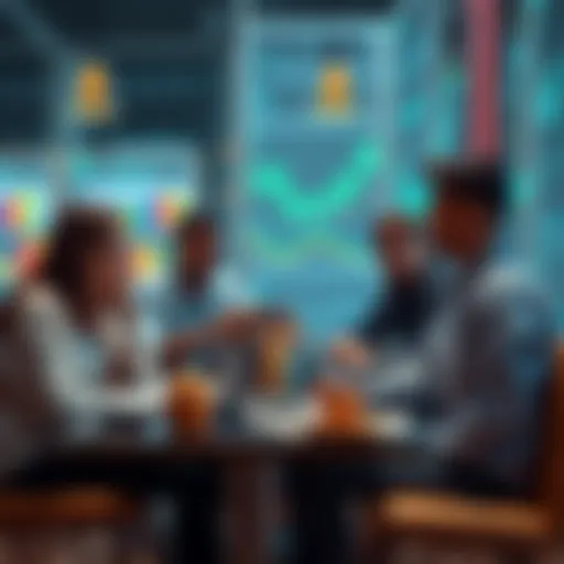 A group of people discussing Ethereum topics with laptops and charts in a casual setting