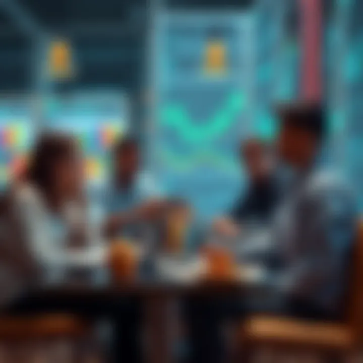 Ethereum Discussion A group of people discussing Ethereum topics with laptops and charts in a casual setting