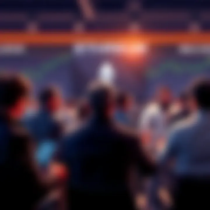 People engaging in a lively discussion about Ethereum with charts and news articles in the background.