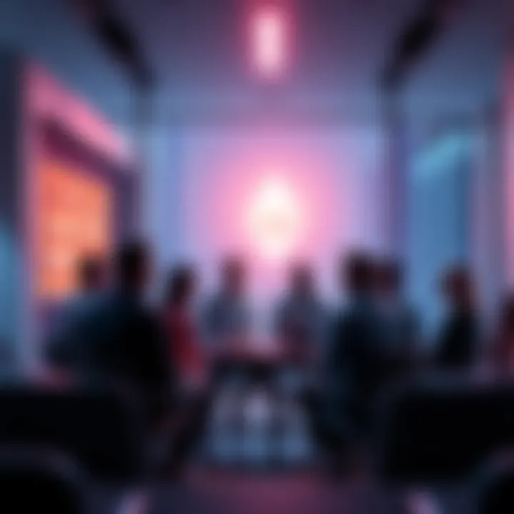 A group of people talking about cryptocurrency trends and Ethereum in a modern setting.