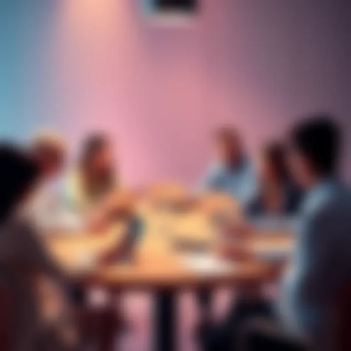 Ethereum Discussion Group A diverse group of people discussing Ethereum and cryptocurrency trends at a round table with laptops and notes.