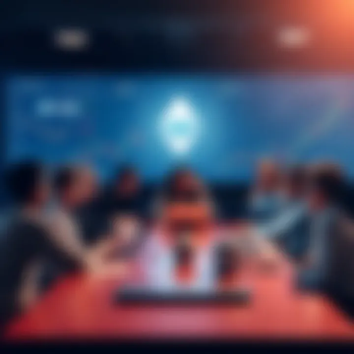 A group of people discussing Ethereum topics, including news and price analysis, around a table with laptops and charts in the background.