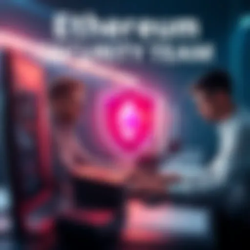 Graphic showing a team of security experts working on computers, with a digital shield symbolizing network protection against quantum threats.