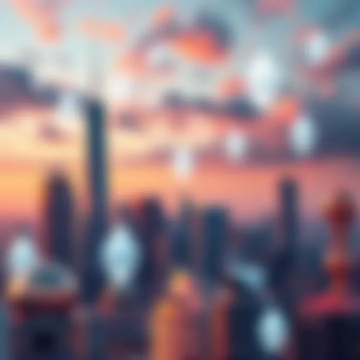 A futuristic city skyline representing growth and technology with Ethereum logos in the sky