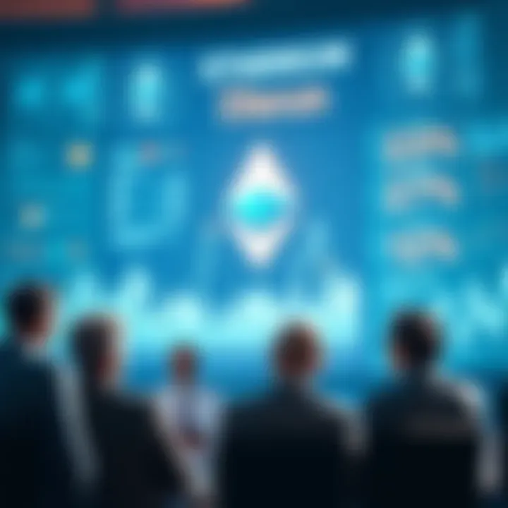 A group of diverse leaders discussing Ethereum governance with digital screens showing blockchain graphics in the background.