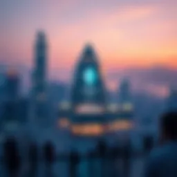 A modern building representing Ethereum's new hub in Hong Kong, surrounded by city skyline and people engaging in discussions.