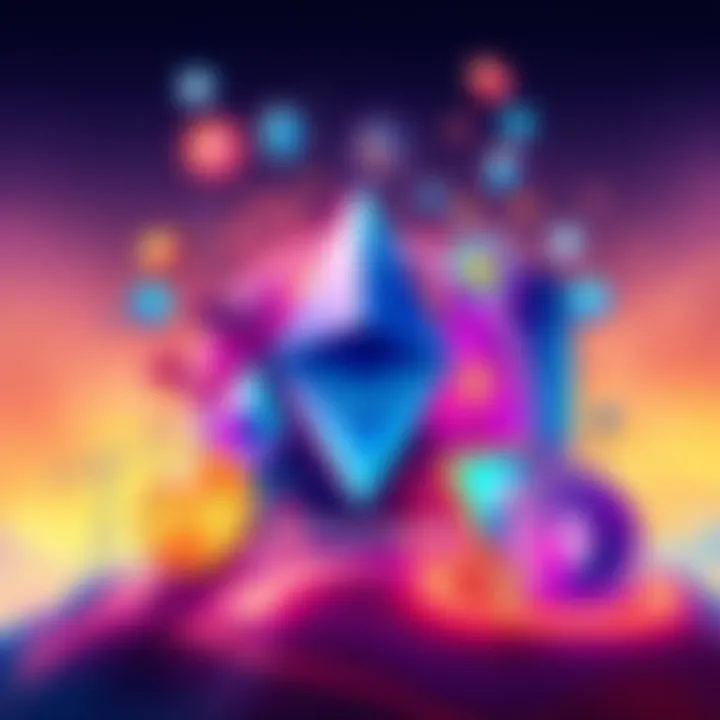 A vibrant illustration showcasing Ethereum's impact on decentralized finance and digital innovation, featuring iconic symbols of blockchain technology
