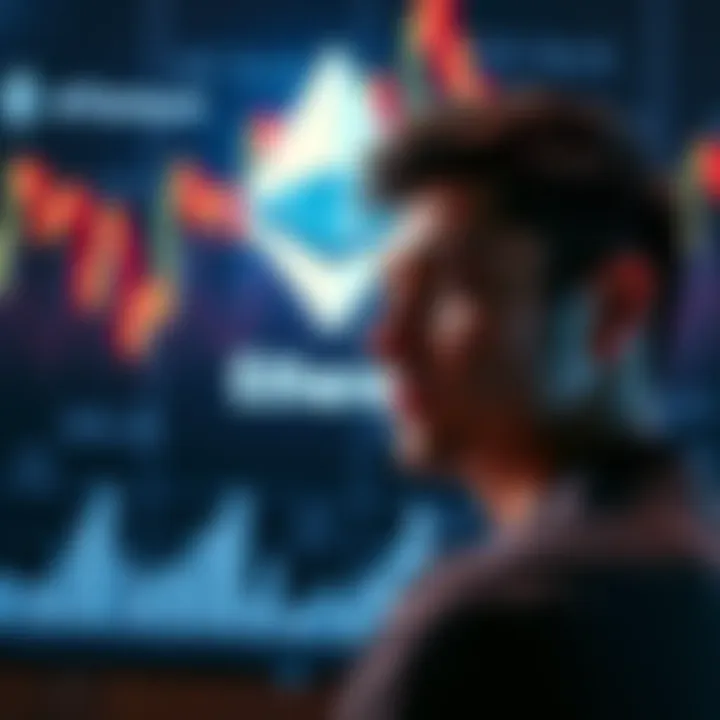 Ethereum Investment Opportunity A person contemplating investment options with Ethereum logo and falling market charts in the background.