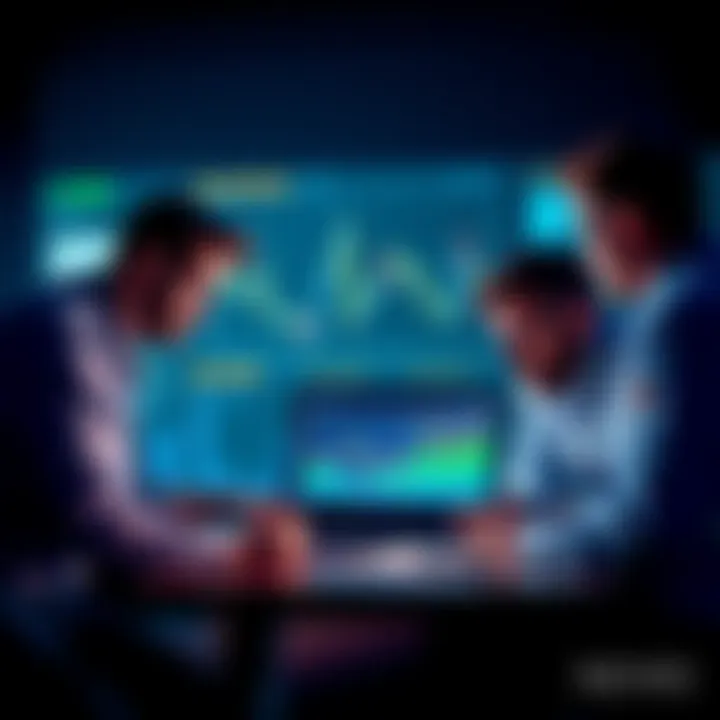 A group of people discussing Ethereum price trends around a laptop with charts and graphs displayed