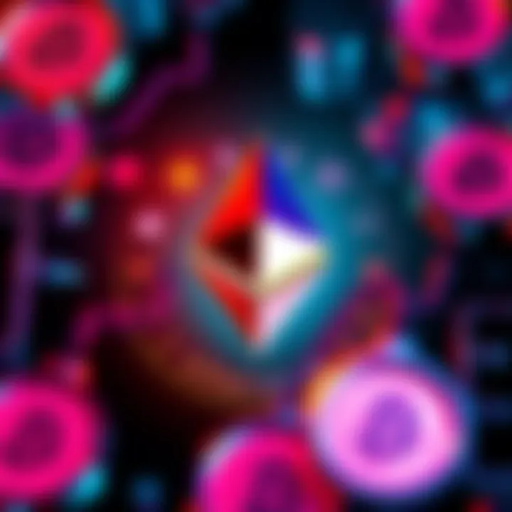 A graphic showing the Ethereum logo surrounded by symbols representing staked ETH, indicating high investment and security.