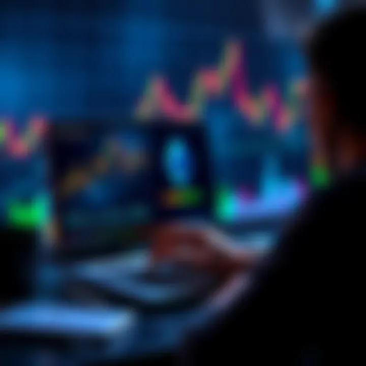 A person analyzing Ethereum staking options on a laptop with a chart showing rising prices in the background.