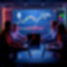A group of people discussing Ethereum and cryptocurrency trends at a table with laptops and charts