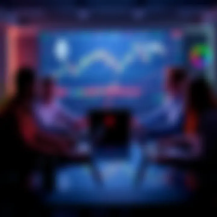 Ethereum Trading Discussion A group of people discussing Ethereum and cryptocurrency trends at a table with laptops and charts