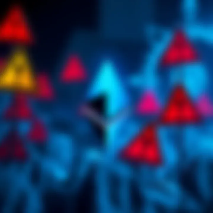 Ethereum logo surrounded by caution signs indicating issues in the cryptocurrency world