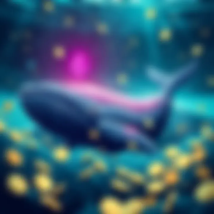 An illustration of a large whale swimming in a sea of digital coins, symbolizing a major investment in Ethereum.