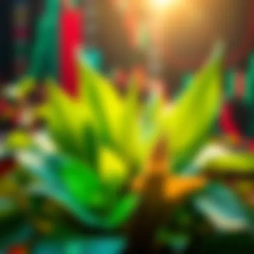 A diverse group of green investments represented by plant leaves intertwined with stock market graphs, symbolizing ethical finance.