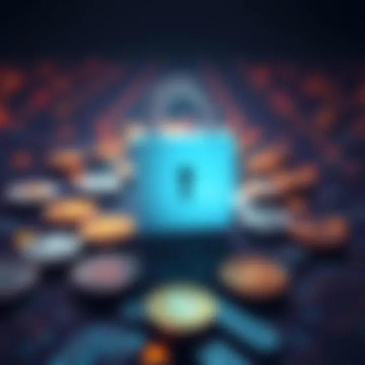 Illustration of a lock over cryptocurrency symbols representing the EU's ban on anonymous accounts