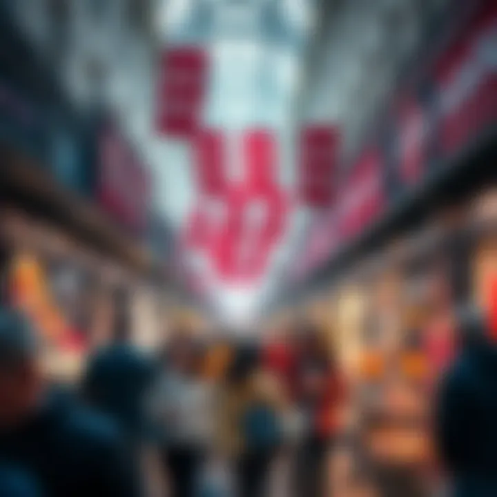 People shopping during a massive sales event in Europe, with signs displaying discounts and excitement in the air.