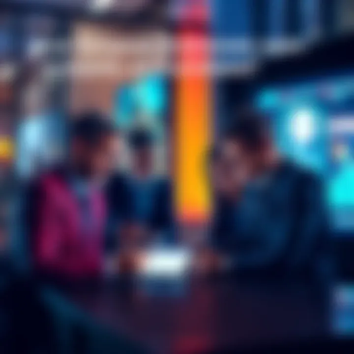 A group of European business people discussing cryptocurrency transactions with a laptop and Coinbase website displayed