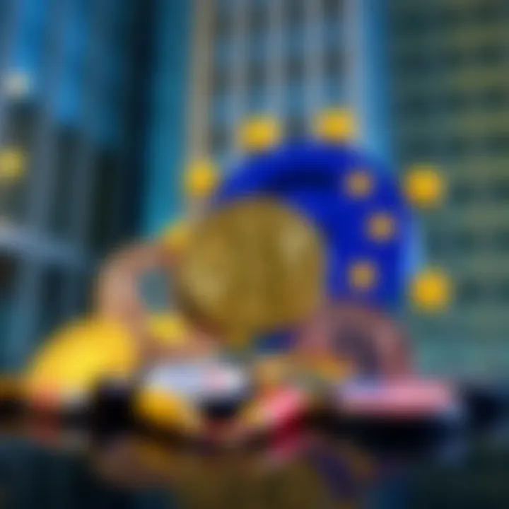 A graphic showing Bitcoin symbols with popular European exchange logos and a Euro sign in the background