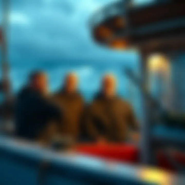 Fishermen at Sea A group of European fishermen on a boat, looking worried as they discuss tactics to counter i_am_grootina's strategies.