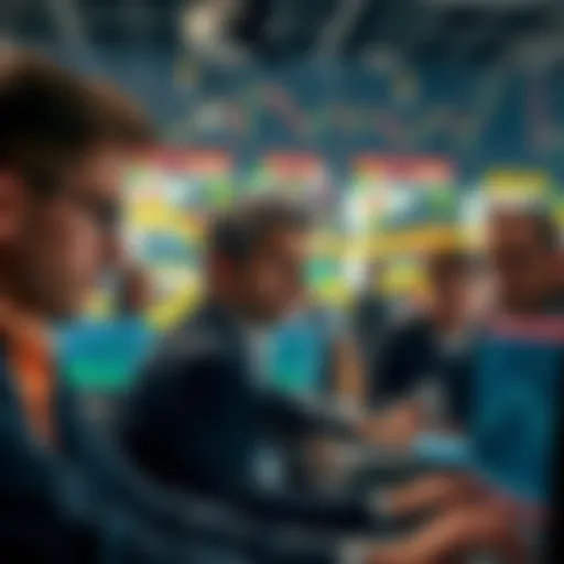 Group of European traders discussing decentralized exchanges for futures trading, focused on computer screens showing charts and data, concerned expressions on their faces