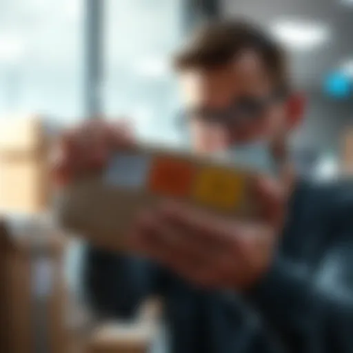 A person examining a parcel with different rarity labels: common, rare, epic, legendary
