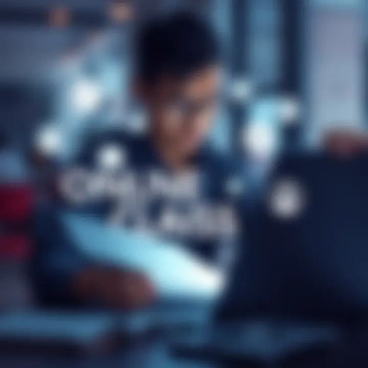 A person researching claims online with a laptop and papers. Various icons representing information sources surround them.