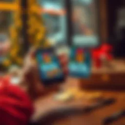 An individual showing a smartphone with cryptocurrency and gift cards on a table