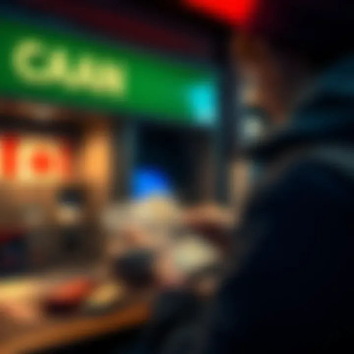 A traveler examines Canadian dollars beside foreign currency at a currency exchange booth.