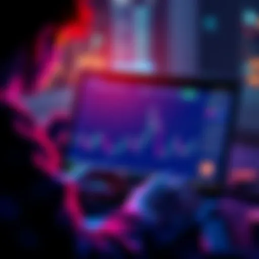 A person looking at cryptocurrency charts on a laptop, with Tether symbols and currency icons around them.